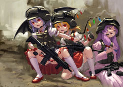 Rule 34 | 3girls, arm garter, assault rifle, bat wings, battlefield, blonde hair, blue bow, bow, capelet, contemporary, crystal, dress, explosive, fangs, fkey, flandre scarlet, foaming at the mouth, frilled skirt, frills, goggles, goggles on headwear, grenade, gun, hair bow, headset, helmet, highres, holding, holding gun, holding weapon, light purple hair, load bearing vest, long sleeves, m4 carbine, mary janes, multiple girls, open mouth, panties, pantyshot, patchouli knowledge, puffy short sleeves, puffy sleeves, purple dress, purple eyes, purple hair, red bow, red eyes, red footwear, red skirt, remilia scarlet, rifle, shoes, short sleeves, siblings, sidelocks, sisters, skirt, socks, squatting, striped clothes, striped dress, sweat, touhou, trigger discipline, underwear, vertical-striped clothes, vertical-striped dress, vest, weapon, white legwear, white panties, white skirt, wings, wrist cuffs