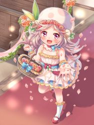 Rule 34 | 1girl, :d, bad id, bad pixiv id, bare shoulders, basket, bench, blush, bouquet, bow, bracelet, bridal garter, choker, detached collar, dress, flower, frills, hat, hat flower, indoors, jewelry, long hair, looking at viewer, mary janes, mushroom, official art, open mouth, petals, pink eyes, pink footwear, red carpet, red eyes, shina shina, shoes, silver hair, sleeveless, sleeveless dress, smile, socks, solo, sunlight, tenka touitsu chronicle, throwing, walking, white socks, wrist cuffs