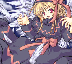 Rule 34 | 1girl, :o, black panties, blonde hair, blue shame, bow, capelet, feathers, female focus, flying, hat, hat bow, lily black, lily white, long sleeves, looking at viewer, open mouth, paji, panties, red bow, red eyes, short hair, solo, tareme, touhou, underwear, white wings, wings