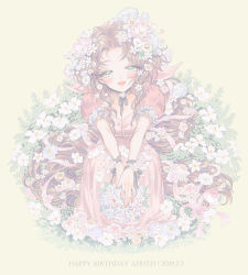 Rule 34 | 1girl, aerith gainsborough, blush, brown hair, buttons, choker, curly hair, dress, final fantasy, final fantasy vii, flower, green eyes, hair flower, hair ornament, happy birthday, highres, leaf, long dress, long hair, looking at viewer, open mouth, pink dress, puffy sleeves, ribbon, ribbon choker, short sleeves, smile, solo, takatora