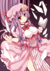 Rule 34 | 1girl, adapted costume, book, breasts, crescent, dress, hair ribbon, hat, hat ribbon, long hair, maturiuta sorato, open book, open mouth, patchouli knowledge, purple eyes, purple hair, ribbon, solo, striped clothes, striped dress, touhou, wrist cuffs