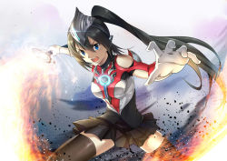 Rule 34 | 1girl, absurdres, bad id, bad pixiv id, bare shoulders, black hair, black hairband, black skirt, black thighhighs, blue eyes, breasts, commentary, fighting stance, fire, flaming sword, flaming weapon, floating hair, genderswap, genderswap (mtf), glint, gloves, hair between eyes, hairband, headgear, highres, holding, holding sword, holding weapon, legs apart, long hair, looking at viewer, medium breasts, open mouth, orbcalibur, outstretched arm, pale skin, personification, pleated skirt, ponytail, pyrokinesis, serious, skirt, solo, standing, sword, taro (ultrataro), thighhighs, ultra series, ultraman orb (character), ultraman orb (series), weapon, white gloves, zettai ryouiki