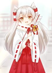 Rule 34 | 1girl, amatsukaze (kancolle), arrow (projectile), bell, blush, cocoperino, ema, hair between eyes, hair tubes, hakama, hamaya, highres, japanese clothes, jingle bell, kantai collection, long hair, long sleeves, miko, open mouth, red hakama, ribbon-trimmed sleeves, ribbon trim, silver hair, smile, solo, two side up, wide sleeves, yellow eyes