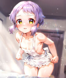Rule 34 | 1girl, apron, armpits, bedroom, blush, breasts, collarbone, flat chest, highres, idolmaster, idolmaster million live!, idolmaster million live! theater days, indoors, looking at viewer, maid apron, makabe mizuki, naked apron, nude, open mouth, purple hair, qianlou (qianlou12374), short hair, sidelocks, small breasts, smile, solo, thighs, white apron, yellow eyes