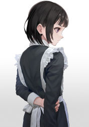 Rule 34 | 1girl, absurdres, apron, arm at side, arm behind back, black dress, black hair, blunt bangs, closed mouth, commentary request, cowboy shot, dress, ear piercing, ebinomi, frilled apron, frills, from behind, from side, hand on own arm, highres, huge filesize, long sleeves, maid, original, piercing, purple eyes, short hair, simple background, smile, solo, white apron, white background