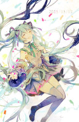 Rule 34 | 10s, 1girl, 39, 2015, bad id, bad pixiv id, boots, bow, bowtie, dated, detached sleeves, closed eyes, green hair, hair ribbon, hand on own chest, hatsune miku, highres, long hair, nosaki, open mouth, ribbon, skirt, solo, thigh boots, thighhighs, twintails, very long hair, vocaloid