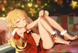 Rule 34 | 1girl, 2023, absurdres, babydoll, barefoot, blonde hair, blush stickers, bound, bound arms, bound wrists, bow, box, christmas tree, commentary, english commentary, fang, feet, from side, fur-trimmed hood, fur trim, gift, gift box, highres, hood, knees up, long hair, looking at viewer, lying, merry christmas, microskirt, monogatari (series), on back, open mouth, oshino shinobu, panties, pillow, pointy ears, pom pom (clothes), red babydoll, red bow, red hood, red panties, red ribbon, red skirt, ribbon, signature, skirt, solo, toes, underwear, yellow eyes, youyueyue, youyueyuee
