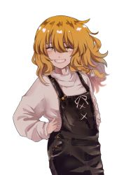 Rule 34 | 1girl, absurdres, bad id, bad pixiv id, black overalls, blonde hair, bow, braid, commentary request, denim, hair between eyes, hair bow, hand on own hip, highres, kirisame marisa, long hair, long sleeves, looking at viewer, medium hair, no headwear, no headwear, overalls, shirt, simple background, single braid, smile, solo, touhou, uchisaki himari, white background, white shirt, yellow eyes