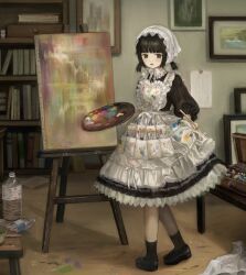 Rule 34 | 1girl, apron, black dress, black eyes, black footwear, black hair, black socks, blunt bangs, book, bookshelf, canvas (object), commentary request, dress, easel, frilled apron, frills, full body, head scarf, highres, holding, holding brush, holding palette, indoors, looking at viewer, looking back, maid, maid apron, medium hair, open box, open mouth, original, paint on clothes, paintbrush, painting (object), palette (object), plastic bottle, puffy sleeves, sasami (shiroi fuwafuwa), shoes, socks, solo, white apron