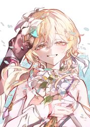 Rule 34 | 1girl, absurdres, aether (genshin impact), blonde hair, blush, cocoballking, dress, flower, genshin impact, hair between eyes, hair flower, hair ornament, highres, looking at viewer, lumine (genshin impact), multiple girls, open mouth, pov, pov hands, short hair with long locks, smile, solo focus, white background, white dress, yellow eyes
