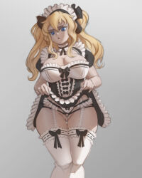 Rule 34 | 1girl, absurdres, black bow, blonde hair, blue eyes, bow, breasts, character request, clothes lift, commentary, copyright request, dress, dress lift, english commentary, feet out of frame, frilled dress, frills, garter straps, grey background, hair between eyes, highres, large breasts, lifting own clothes, long hair, maid, maid headdress, o-ring, open mouth, short sleeves, sidelocks, simple background, solo, thick thighs, thighhighs, thighs, tsurime, zhjake
