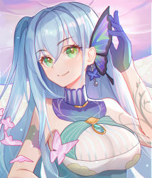 Rule 34 | 1girl, arm up, armpits, bare shoulders, blue hair, blush, breasts, bug, butterfly, butterfly earrings, cangqiong, dress, earrings, green eyes, highres, insect, jewelry, lan zhu gu, large breasts, long hair, looking at viewer, sleeveless, sleeveless dress, smile, solo, synthesizer v