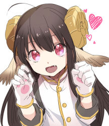 Rule 34 | 1girl, :d, ahoge, bad id, bad pixiv id, black hair, clenched hand, fang, gloves, head wings, heart, horns, long hair, open mouth, pink eyes, pinko, sheep horns, smile, solo, tartaros online, tuuuh, white gloves, wings