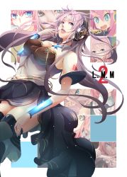 Rule 34 | 1girl, absurdres, bare shoulders, black thighhighs, blue eyes, blue nails, breasts, covered erect nipples, detached collar, endou (zettai bluenoid), headphones, highres, jewelry, lips, long hair, looking to the side, megurine luka, megurine luka (vocaloid4), multiple views, nail polish, navel, necklace, open mouth, parted lips, pink hair, side slit, tattoo, thighhighs, v4x, very long hair, vocaloid, wrist cuffs