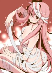 Rule 34 | 1girl, ass, bandaged arm, bandaged leg, bandages, breasts, cleavage, commentary request, eichi yuu, expressionless, hair between eyes, hata no kokoro, jpeg artifacts, long hair, looking at viewer, medium breasts, naked bandage, pink background, pink eyes, pink hair, sitting, solo, touhou, very long hair, wariza