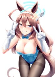 Rule 34 | 1girl, absurdres, ahoge, animal ears, asuna (blue archive), asuna (blue archive) (cosplay), asuna (bunny) (blue archive), blue archive, blue bow, blue bowtie, blue eyes, bow, bowtie, breasts, brown hair, cleavage, cosplay, covered navel, detached collar, double v, gloves, hairband, hasegawa ikumi, highres, horse ears, horse girl, horse tail, large breasts, leotard, long hair, medium breasts, mihono bourbon (umamusume), pantyhose, playboy bunny, shiroganehaku, smile, tail, umamusume, v, voice actor connection, white background, white gloves