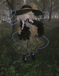 Rule 34 | 1girl, black footwear, black hat, blush, boots, check commentary, commentary, commentary request, dot nose, floral print, forest, frilled shirt collar, frilled sleeves, frills, green eyes, green hair, green skirt, hat, hat ribbon, heart, heart of string, highres, komeiji koishi, leaf, long sleeves, looking at viewer, lower teeth only, medium hair, nature, open mouth, outdoors, ribbon, rose print, ryokucha manma, scenery, shirt, skirt, smile, solo, teeth, third eye, touhou, tree, wide sleeves, yellow ribbon, yellow shirt