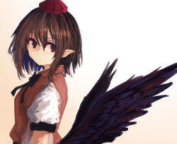 Rule 34 | 1girl, akaiha (akaihagusk), bad id, bad pixiv id, beige background, black wings, brown hair, from side, gradient background, hat, looking at viewer, looking to the side, pointy ears, puffy short sleeves, puffy sleeves, red eyes, red hat, shameimaru aya, shirt, short hair, short sleeves, simple background, solo, tareme, tengu, tokin hat, touhou, upper body, vest, white shirt, wings