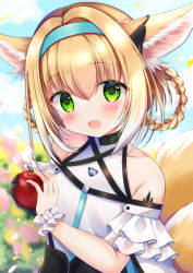 Rule 34 | 1girl, :d, animal ear fluff, animal ears, apple, arknights, bare shoulders, black choker, black gloves, blonde hair, blue background, blush, braid, choker, colored tips, food, fox ears, fruit, gloves, green eyes, hairband, highres, holding, holding food, holding fruit, infection monitor (arknights), looking at viewer, material growth, miwa uni, multicolored hair, open mouth, oripathy lesion (arknights), outdoors, single glove, smile, solo, suzuran (arknights), twin braids, two-tone hair, upper body, white hair, wrist cuffs