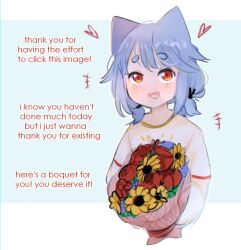Rule 34 | 1girl, absurdres, animal ears, blue hair, bouquet, cat ears, cat girl, commentary, english text, fang, flower, heart, highres, long sleeves, low twintails, neqo (character), neqo (neneneqo), open mouth, orange eyes, original, shirt, smile, solo, symbol-only commentary, thick eyebrows, twintails, upper body, white shirt