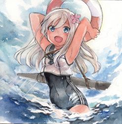 Rule 34 | 1044kiro, 10s, 1girl, :d, acrylic paint (medium), armpits, blue eyes, flower, hair flower, hair ornament, highres, kantai collection, long hair, looking at viewer, one-piece swimsuit, open mouth, painting (medium), partially submerged, ro-500 (kancolle), school swimsuit, school uniform, smile, solo, swimsuit, swimsuit under clothes, torpedo, traditional media, wading, water, watercolor (medium), white hair