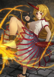 Rule 34 | 1girl, bare arms, blonde hair, blue skirt, breasts, building, cave, cuffs, highres, horns, hoshiguma yuugi, house, kicking, leg up, long hair, medium breasts, mikami yuuki (nl8you), miniskirt, puffy short sleeves, puffy sleeves, red eyes, sandals, shackles, short sleeves, single horn, skirt, smile, solo, standing, standing on one leg, star (symbol), touhou, very long hair