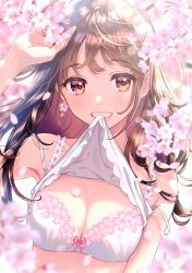 Rule 34 | 1girl, :d, absurdres, arm at side, bare shoulders, blush, bow, bow bra, bra, breasts, brown eyes, brown hair, cherry blossoms, cleavage, clothes lift, collarbone, day, earrings, eyelashes, fingernails, floating hair, gradient eyes, grin, hand up, highres, jewelry, lifting own clothes, long hair, looking at viewer, medium breasts, morikura en, mouth hold, multicolored eyes, nail polish, non-web source, open mouth, original, outdoors, petals, pink bow, pink lips, pink nails, scan, shirt lift, smile, solo, teeth hold, underwear, upper body, white bra, wind, yellow eyes