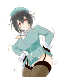 Rule 34 | 10s, 1girl, beret, black gloves, black hair, black thighhighs, blush, bouncing breasts, breasts, dandara (karakure), female focus, garter straps, gloves, hands on own hips, hat, kantai collection, large breasts, looking at viewer, military, military uniform, red eyes, short hair, simple background, smile, solo, takao (kancolle), thighhighs, uniform