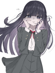 Rule 34 | 1girl, artist name, black eyes, black hair, blunt bangs, blunt ends, blush, bow, bowtie, collared shirt, commentary request, cowboy shot, floating hair, grey jacket, grey skirt, hands on own cheeks, hands on own face, hands up, high-waist skirt, highres, jacket, kagenone, long hair, long sleeves, looking at viewer, open clothes, open jacket, parted lips, pleated skirt, red bow, red bowtie, school uniform, seishou music academy uniform, shirt, shirt tucked in, shoujo kageki revue starlight, sidelocks, simple background, skirt, solo, standing, tsuyuzaki mahiru, two side up, very long hair, white background, white shirt