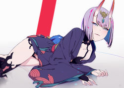 Rule 34 | 1girl, arm support, blush, breasts, collarbone, fangs, fate/grand order, fate (series), headpiece, horns, japanese clothes, kimono, looking at viewer, lying, on side, open clothes, open kimono, parted lips, purple eyes, purple hair, purple kimono, short hair, shuten douji (fate), skin-covered horns, small breasts, sohin, solo, thick eyebrows, thighs, wide sleeves