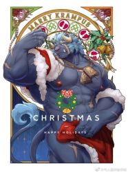 Rule 34 | 1boy, abs, ass, bara, border, bulge, christmas, christmas wreath, covering crotch, covering privates, curled horns, flexing, furry, furry male, goat boy, grey fur, horns, huge pectorals, krampus (housamo), large hands, male focus, mature male, medium hair, muscular, muscular male, mutton chops, nipples, official alternate costume, ornate border, santa costume, scar, scar across eye, solo, thick eyebrows, thick thighs, thighs, tokyo houkago summoners, tusks, uken l, wreath