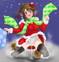 Rule 34 | 1girl, artist request, black thighhighs, blue background, blush, boots, bow, box, braid, breasts, brown eyes, brown footwear, brown hair, clenched hand, crying, earrings, embarrassed, female focus, french braid, full body, fur trim, gift, green neckwear, hair bow, hair ornament, hands up, jacket, jewelry, kneeling, long sleeves, looking at viewer, matching hair/eyes, medium breasts, open mouth, original, panties, pantyshot, peeing, peeing self, red bow, red jacket, red skirt, santa costume, scarf, simple background, skirt, solo, sparkle, steam, tears, thighhighs, underwear, upskirt, wet, wet clothes, wet panties, white panties, wind, wind lift