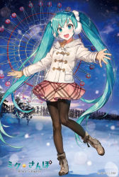 Rule 34 | 00s, 1girl, :d, aqua eyes, aqua hair, artist name, black pantyhose, blush, boots, brown gloves, character name, commentary request, earmuffs, ferris wheel, forest, full body, gloves, hair ornament, hatsune miku, jacket, leg up, long hair, long sleeves, looking at viewer, matching hair/eyes, nature, night, night sky, official art, open mouth, outdoors, outstretched arms, pantyhose, round teeth, shirako miso, skirt, sky, smile, snow, snowing, solo, standing, standing on one leg, star (sky), teeth, tree, twintails, very long hair, vocaloid, winter, winter clothes