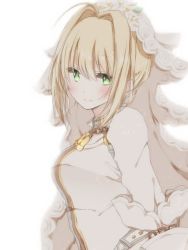Rule 34 | 10s, 1girl, ahoge, blonde hair, blush, breasts, bridal veil, chain, closed mouth, fate/extra, fate/extra ccc, fate/grand order, fate (series), from side, green eyes, hair intakes, hiro (hirohiro31), lock, long sleeves, looking at viewer, looking to the side, medium breasts, nero claudius (bride) (fate), nero claudius (fate), nero claudius (fate), padlock, short hair, smile, solo, upper body, veil