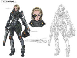 Rule 34 | 1girl, armor, battle rifle, blonde hair, blue eyes, breasts, character sheet, commentary, female focus, forehead, full body, gun, headset, unworn headwear, helmet, unworn helmet, highres, image sample, knee pads, knife, lineart, lips, military operator, partially colored, pauldrons, pouch, power armor, rifle, scarf, science fiction, scouter, sheath, sheathed, short hair, shoulder armor, small breasts, solo, titanfall, titanfall (series), weapon, white background, woo kim