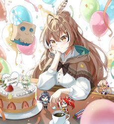 Rule 34 | 5girls, ahoge, balloon, birthday, birthday cake, blurry, brown capelet, brown cloak, brown eyes, brown hair, cake, candle, capelet, ceres fauna, cleavage cutout, cloak, clothing cutout, coffee, confetti, depth of field, english text, feather hair ornament, feathers, food, friend (nanashi mumei), fruit, hair ornament, hairclip, hakos baelz, happy birthday, hat, head rest, hieroglyphics, highres, holocouncil, hololive, hololive english, kd (kdh45689), long hair, mini person, minigirl, multicolored hair, multiple girls, nanashi mumei, ouro kronii, party hat, ponytail, ribbon, shirt, size difference, smile, strawberry, strawberry shortcake, streaked hair, tsukumo sana, very long hair, virtual youtuber, white shirt