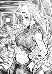 Rule 34 | 1girl, absurdres, closed mouth, cowboy shot, crystal, greyscale, highres, himemushi momoyo, long hair, looking at viewer, midriff, mine, monochrome, navel, pickaxe, sen (daydream 53), shirt, smile, solo, standing, sweat, tied shirt, touhou