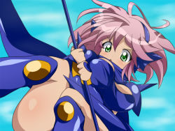 Rule 34 | 1990s (style), 1girl, boots, breasts, cape, dragoon (final fantasy), female focus, final fantasy, final fantasy v, gradient background, green eyes, hairband, lenna charlotte tycoon, leotard, meiro (yuu), pink hair, polearm, retro artstyle, short hair, solo, spear, weapon
