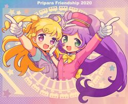 Rule 34 | 2girls, 5.5, :d, arm up, blonde hair, blush, commentary request, cropped torso, gloves, green eyes, hand on own cheek, hand on own face, hand up, hat, idol time pripara, index finger raised, jacket, long hair, long sleeves, looking at viewer, manaka laala, multiple girls, open mouth, outstretched arm, pink headwear, pink jacket, pointing, pointing up, pretty series, pripara, purple eyes, purple hair, purple jacket, ringlets, smile, twintails, two side up, upper body, v, very long hair, white gloves, yumekawa yui