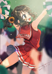 Rule 34 | 1girl, alternate costume, arms up, blurry, blurry background, blurry foreground, blush, breasts, brown hair, character name, cheerleader, depth of field, flower, hair flower, hair ornament, hisayoshi (hisa), holding, holding pom poms, idolmaster, idolmaster cinderella girls, medium breasts, namiki meiko, outstretched arms, people, pleated skirt, pom pom (cheerleading), pom poms, red shirt, red skirt, shirt, sidelocks, skirt, sleeveless, sleeveless shirt, smile, solo focus, standing, standing on one leg, sunflower, sunflower hair ornament