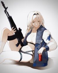 Rule 34 | 1girl, absurdres, an-94, an-94 (girls&#039; frontline), assault rifle, black panties, blonde hair, blue eyes, breasts, can, commentary, coteri, english commentary, girls&#039; frontline, gun, harness, highres, holding, holding can, holding gun, holding weapon, holster, jacket, long hair, long sleeves, looking at viewer, medium breasts, navel, no bra, no shirt, open clothes, open jacket, panties, rifle, sitting, socks, solo, thigh holster, underwear, weapon, white socks