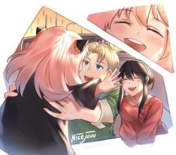 Rule 34 | 1boy, 2girls, :d, absurdres, ahoge, anya (spy x family), artist name, black hair, blonde hair, blue eyes, blush, breasts, child, closed eyes, collarbone, commentary, earrings, english commentary, family, hair between eyes, hair ornament, hairband, happy, highres, jewelry, large breasts, lifting person, long sleeves, multiple girls, nisejouu, open mouth, pink hair, red sweater, ribbed sweater, sidelocks, smile, spy x family, sweater, teeth, twilight (spy x family), upper teeth only, yor briar