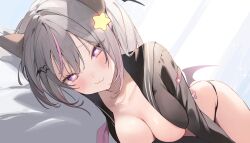Rule 34 | 1girl, :3, animal ears, annytf, bandaid, black panties, black sailor collar, blush, breasts, cleavage, fox ears, fox girl, grey hair, hair ornament, heart, heart-shaped pupils, highres, indie virtual youtuber, large breasts, long sleeves, looking at viewer, lying, multicolored clothes, multicolored hair, on side, open clothes, open shirt, panties, pink hair, purple eyes, sailor collar, solo, star (symbol), star hair ornament, streaked hair, symbol-shaped pupils, underwear, virtual youtuber, wings, yuita (yuita17)