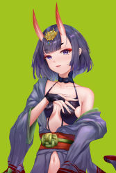 Rule 34 | absurdres, bob cut, breasts, bridal gauntlets, collarbone, eyeliner, fang, fate/grand order, fate (series), green background, headpiece, highres, horns, japanese clothes, kiliza, kimono, looking at viewer, makeup, medium breasts, midriff, navel, obi, oni, open clothes, open kimono, open mouth, purple eyes, purple hair, purple kimono, red eyeliner, revealing clothes, sash, shuten douji (fate), simple background, skin-covered horns, smile, stomach, wide sleeves