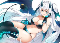 Rule 34 | 1girl, :d, bare shoulders, bikini, black bikini, black gloves, black thighhighs, blue eyes, blue wings, blush, breasts, cleavage, clothing cutout, collar, commentary, demon girl, demon tail, demon wings, english commentary, fang, gloves, hand on own cheek, hand on own face, heart, heart cutout, highres, horns, large breasts, long hair, looking at viewer, multi-strapped bikini, navel, open mouth, original, simple background, skindentation, smile, solo, spiked collar, spikes, stomach, suruga (xsurugax), swimsuit, tail, thighhighs, twintails, very long hair, white background, white hair, wings