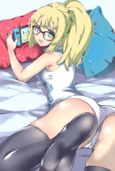 Rule 34 | 1girl, alternate costume, ass, black thighhighs, blonde hair, creatures (company), from behind, game freak, gen 1 pokemon, glasses, handheld game console, highres, kobo (cobo 0609), lillie (pokemon), long hair, looking back, lying, nintendo, nintendo switch, no pants, on bed, on stomach, open mouth, panties, pikachu, pillow, playing, pokemon, pokemon (creature), pokemon sm, ponytail, shirt, sleeveless, sleeveless shirt, solo, thighhighs, underwear, white panties, white shirt