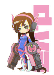 Rule 34 | 1girl, acronym, blue bodysuit, bodysuit, breasts, brown eyes, brown hair, character name, chibi, covered navel, d.va (overwatch), facepaint, facial mark, headphones, heart, heart-shaped pupils, long hair, medium breasts, nmru (185u), overwatch, pilot suit, puffy cheeks, ribbed bodysuit, skin tight, small breasts, solo, swept bangs, symbol-shaped pupils, thick eyebrows, whisker markings, white background