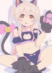 Rule 34 | 1girl, @ @, animal ears, animal hands, bell, blonde hair, brown eyes, cat cutout, cat ears, cat lingerie, cat tail, choker, clothing cutout, frilled choker, frills, gloves, highres, indian style, jingle bell, kebakebasan, meme attire, onii-chan wa oshimai!, oyama mahiro, paw gloves, paw pose, paw shoes, simple background, sitting, solo, tail, twintails