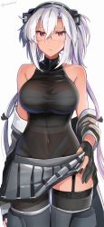 Rule 34 | 1girl, absurdres, bare shoulders, black gloves, black nails, black thighhighs, breasts, budget sarashi, closed mouth, clothes lift, covered navel, dark-skinned female, dark skin, garter straps, glasses, gloves, grey skirt, hair between eyes, hair ribbon, headgear, highres, kantai collection, large breasts, lifting own clothes, long hair, musashi (kancolle), musashi kai ni (kancolle), nail polish, off shoulder, partially fingerless gloves, pleated skirt, red eyes, ribbon, sarashi, see-through, sidelocks, simple background, skirt, skirt lift, solo, thighhighs, twitter username, white background, white hair, yunamaro