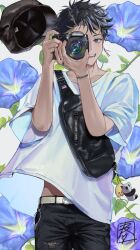 Rule 34 | 1boy, belt, black hair, blue eyes, blue flower, bracelet, camera, commentary request, earrings, floral background, flower, hat, highres, holding, holding camera, jewelry, male focus, morning glory, multicolored hair, open mouth, original, pants, shirt, short hair, signature, smile, solo, standing, streaked hair, summer, t-shirt, taking picture, teeth, torn clothes, torn pants, unworn hat, unworn headwear, upper body, white belt, white shirt, wind in624